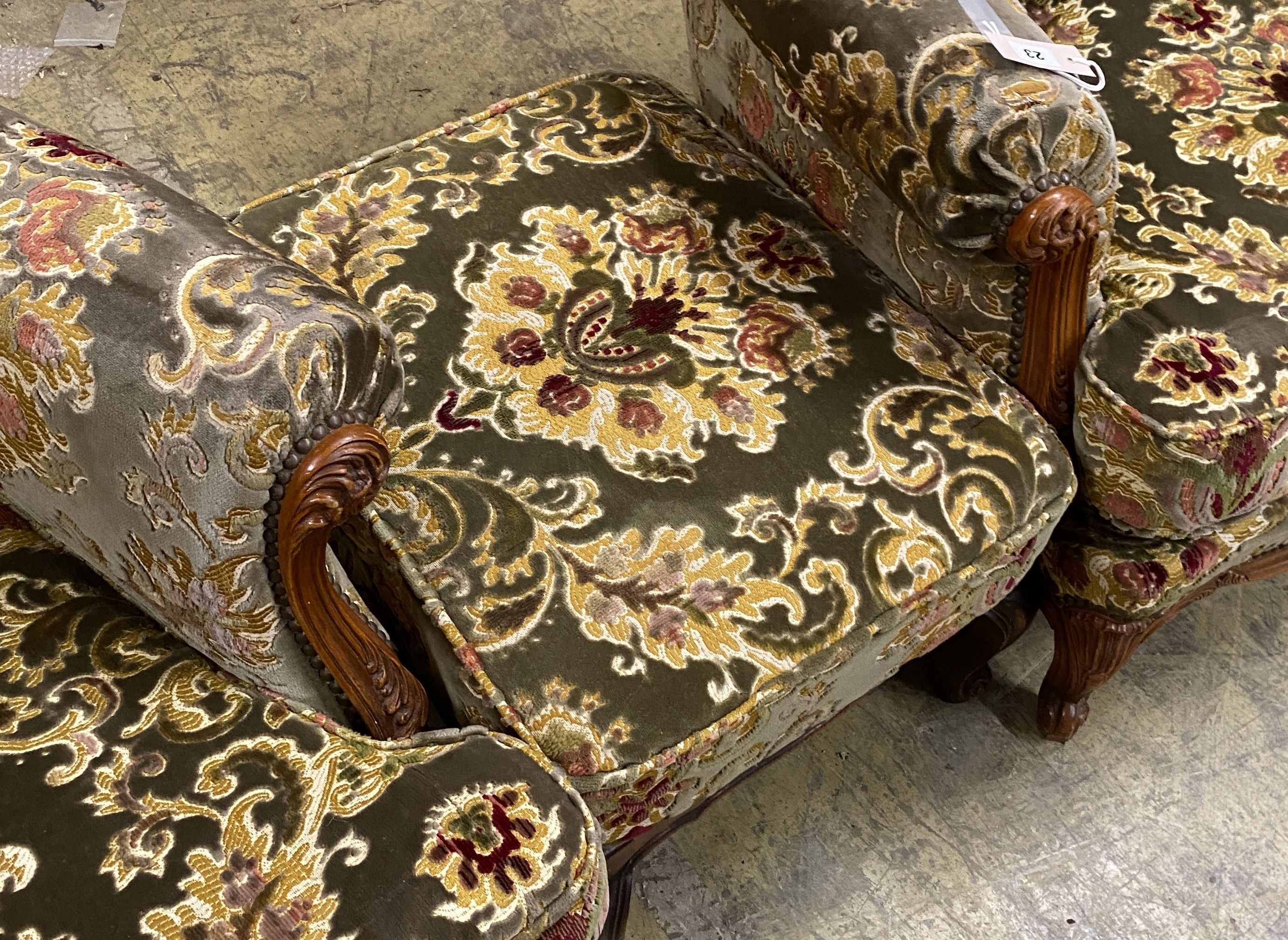 A pair of Louis XVI style armchairs, width 90cm, depth 86cm, height 82cm and a stool
